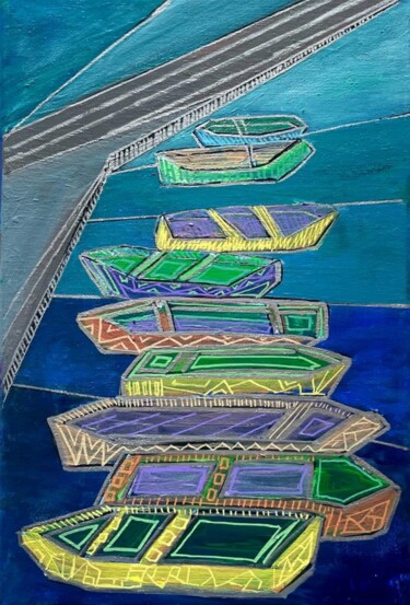 Schilderij getiteld "9 boats" door Lena Langer, Origineel Kunstwerk, Acryl