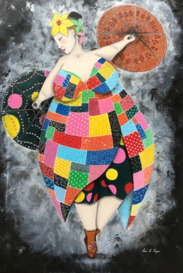 Peinture intitulée "Femme aux parapluies" par Léna Le Caignec, Œuvre d'art originale, Acrylique Monté sur Châssis en bois