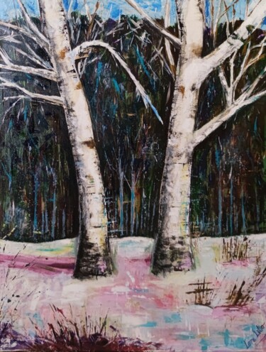 Painting titled "Two birches" by Lena Lito, Original Artwork, Oil
