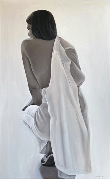 Картина под названием "The lady in white" - Lena Med, Подлинное произведение искусства, Масло