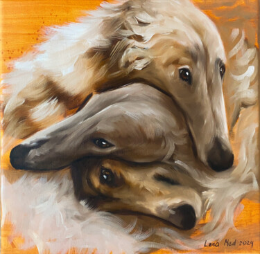 Painting titled "Three borzoi" by Lena Med, Original Artwork, Oil Mounted on Wood Panel