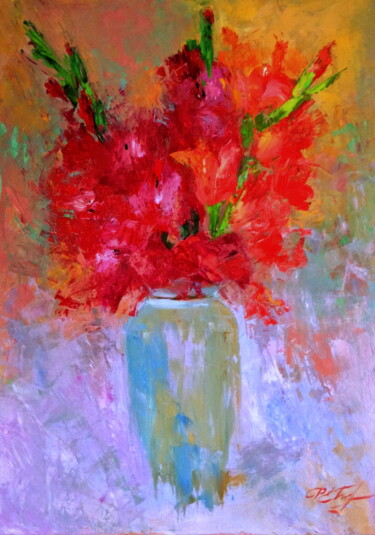 Painting titled "Vase with Gladioli" by Lena Ru, Original Artwork, Oil