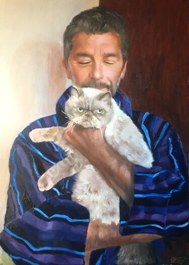 Painting titled "Cat and his Man" by Lena Ru, Original Artwork, Oil