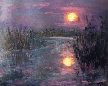 Painting titled "Night at the Lake" by Lena Ru, Original Artwork, Acrylic