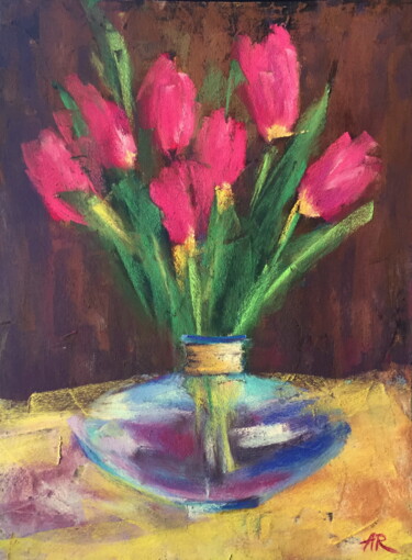 Dessin intitulée "Tulips in vase" par Lena Ru, Œuvre d'art originale, Pastel