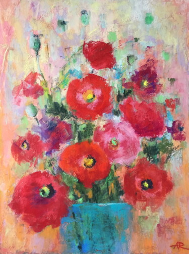 Drawing titled "Bouquet of Poppies" by Lena Ru, Original Artwork, Pastel