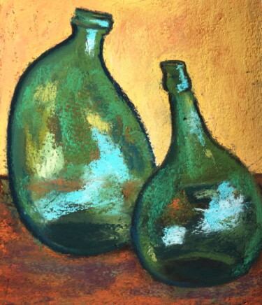 Dessin intitulée "Vintage Green Bottl…" par Lena Ru, Œuvre d'art originale, Pastel