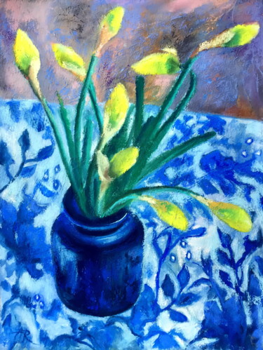 Painting titled "Daffodils Still Life" by Lena Ru, Original Artwork, Pastel