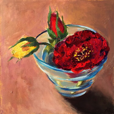 Peinture intitulée "Blue Glass And Roses" par Lena Ru, Œuvre d'art originale, Acrylique