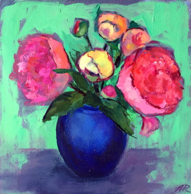 Schilderij getiteld "Peonies In Vase" door Lena Ru, Origineel Kunstwerk, Acryl