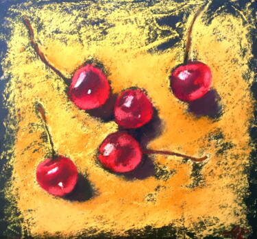 제목이 "Cherries On Yellow"인 그림 Lena Ru로, 원작, 파스텔