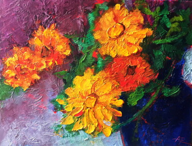 Painting titled "Sunny Marigold Flow…" by Lena Ru, Original Artwork, Oil