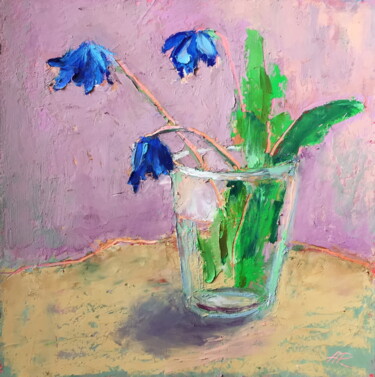 Drawing titled "Blue Flowers" by Lena Ru, Original Artwork, Pastel