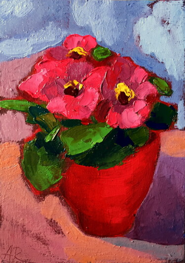 Painting titled "Flowers In Red Pot" by Lena Ru, Original Artwork, Oil