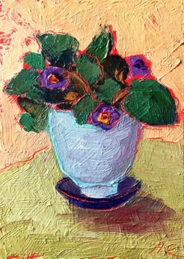 Ζωγραφική με τίτλο "Violet Miniature Oi…" από Lena Ru, Αυθεντικά έργα τέχνης, Λάδι