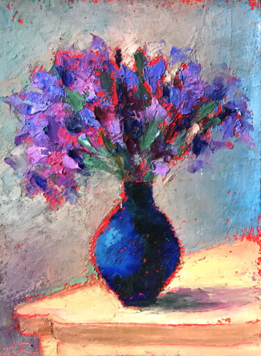 Картина под названием "Vase With Irises Oi…" - Lena Ru, Подлинное произведение искусства, Пастель