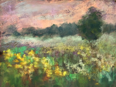 Drawing titled "Misty Meadow" by Lena Ru, Original Artwork, Pastel