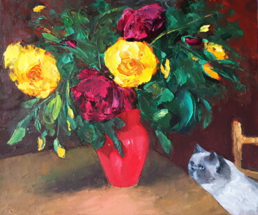 Peinture intitulée "Gizmo And Roses" par Lena Ru, Œuvre d'art originale, Huile