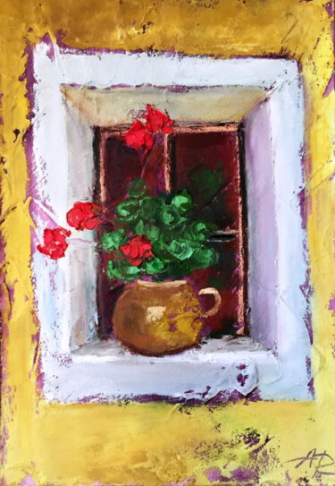 Zeichnungen mit dem Titel "Cottage Window" von Lena Ru, Original-Kunstwerk, Pastell
