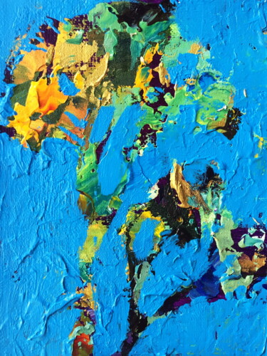 Painting titled "Flower On Blue 1 Fl…" by Lena Ru, Original Artwork, Acrylic