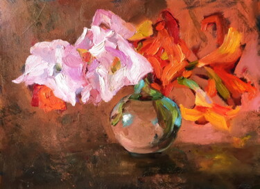Pintura titulada "Lilies Floral Still…" por Lena Ru, Obra de arte original, Oleo