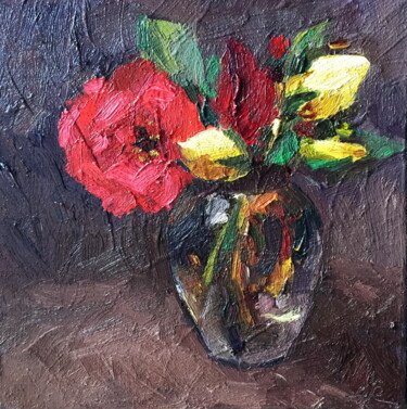 Картина под названием "Roses In A  Small V…" - Lena Ru, Подлинное произведение искусства, Масло