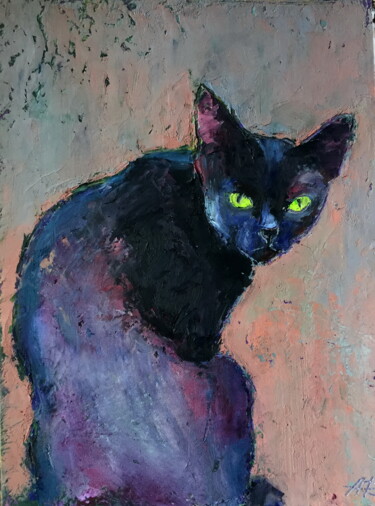 Painting titled "Witches Cat" by Lena Ru, Original Artwork, Pastel