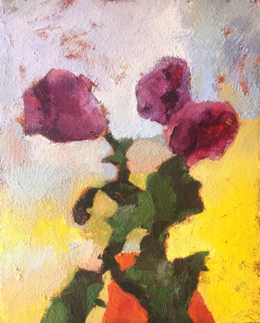 Painting titled "Red Vase And Roses" by Lena Ru, Original Artwork, Oil