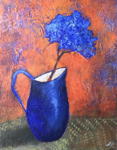 Malerei mit dem Titel "Hydrangea & Blue Jug" von Lena Ru, Original-Kunstwerk, Acryl