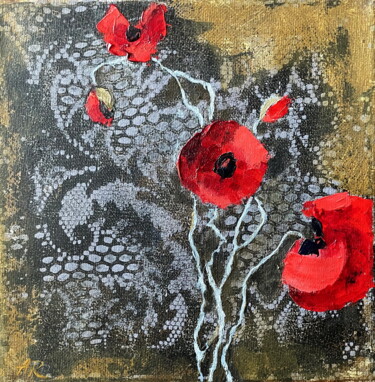 Painting titled "Poppies On Lace Flo…" by Lena Ru, Original Artwork, Acrylic