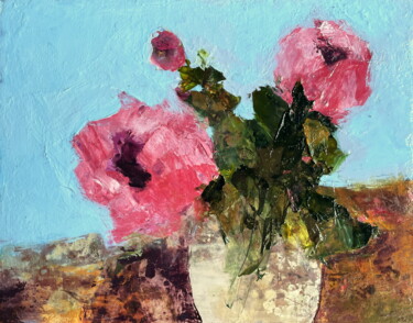 Pintura intitulada "Pink Flowers On Blu…" por Lena Ru, Obras de arte originais, Acrílico