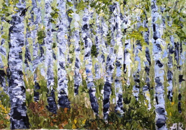 Painting titled "Birch forest" by Lena Ru, Original Artwork, Acrylic