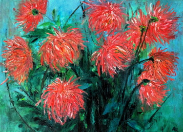 Pintura intitulada "Fiery chrysanthemums" por Lena Ru, Obras de arte originais, Óleo