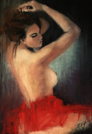 Dessin intitulée "Red dress" par Lena Ru, Œuvre d'art originale