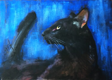 Dessin intitulée "Black cat" par Lena Ru, Œuvre d'art originale, Pastel