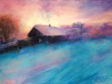 Картина под названием "village in winter" - Lena Ru, Подлинное произведение искусства, Пастель