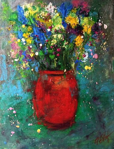 Pintura titulada "Red vase and meadow…" por Lena Ru, Obra de arte original