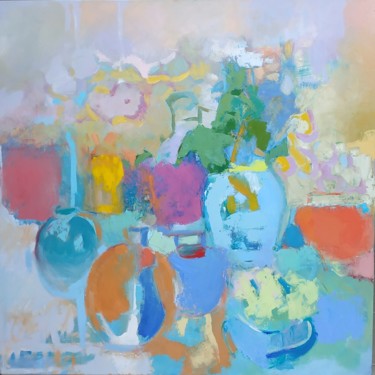Painting titled "Abstract still life" by Elena Shraibman, Original Artwork, Oil Mounted on Wood Stretcher frame