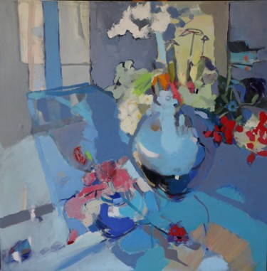 Painting titled "Still Life Blue Air" by Elena Shraibman, Original Artwork, Oil Mounted on Wood Stretcher frame