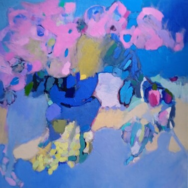 Painting titled "Pink on Cobalt" by Elena Shraibman, Original Artwork, Oil Mounted on Wood Stretcher frame