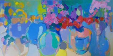 Painting titled "Glass Vases with Fl…" by Elena Shraibman, Original Artwork, Oil Mounted on Wood Stretcher frame