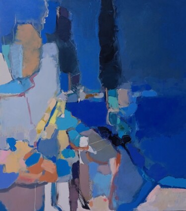 Painting titled "Blue Day" by Elena Shraibman, Original Artwork, Oil Mounted on Wood Stretcher frame