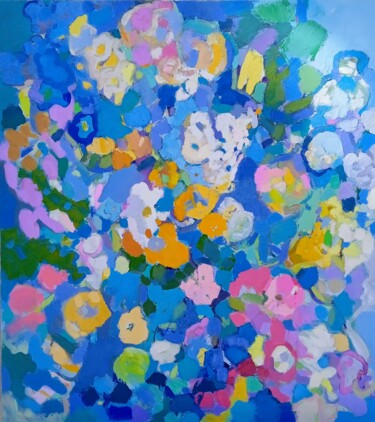 Painting titled "Blue Floral" by Elena Shraibman, Original Artwork, Oil Mounted on Wood Stretcher frame
