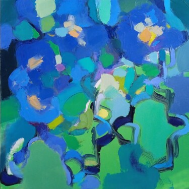 Painting titled "Blue on Green" by Elena Shraibman, Original Artwork, Oil Mounted on Wood Stretcher frame