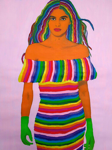 Schilderij getiteld "Rainbow Girl" door Lena Snow, Origineel Kunstwerk, Acryl