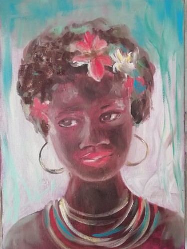 Pintura intitulada "Girl with flowers" por Elena Soloveva, Obras de arte originais, Óleo Montado em Armação em madeira