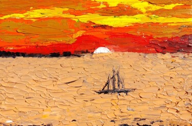 Картина под названием "Sea boat Sunset Sun…" - Lena Vanli, Подлинное произведение искусства, Масло