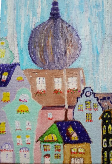 Картина под названием "Fairytale tiny city…" - Lena Vanli, Подлинное произведение искусства, Масло