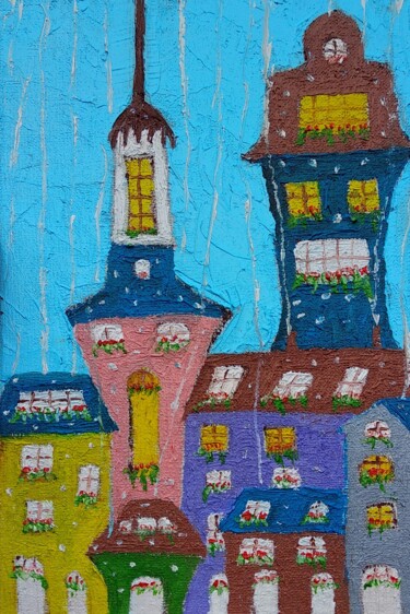 Картина под названием "Fairytales city tin…" - Lena Vanli, Подлинное произведение искусства, Масло