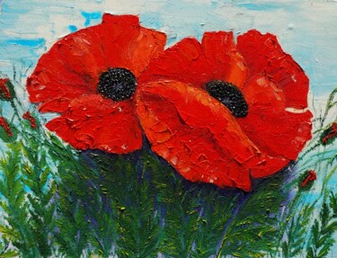 Painting titled "Red flowers 40/30 sm" by Lena Vanli, Original Artwork, Oil